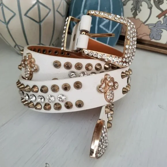 White Bling Gold Tone Studs Fluer De Lis Faux Leather Belt, Sz M / L Sparkle! - Picture 5 of 15